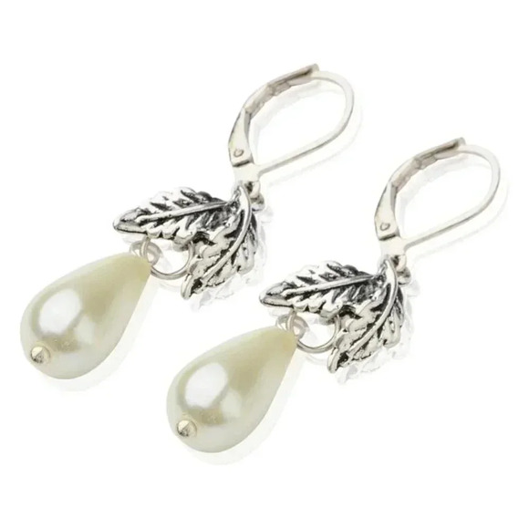 Soft White Glass Pearl Teardrop Antique Silver Leaves Dangle Leverback Earrings - Picture 2 of 3